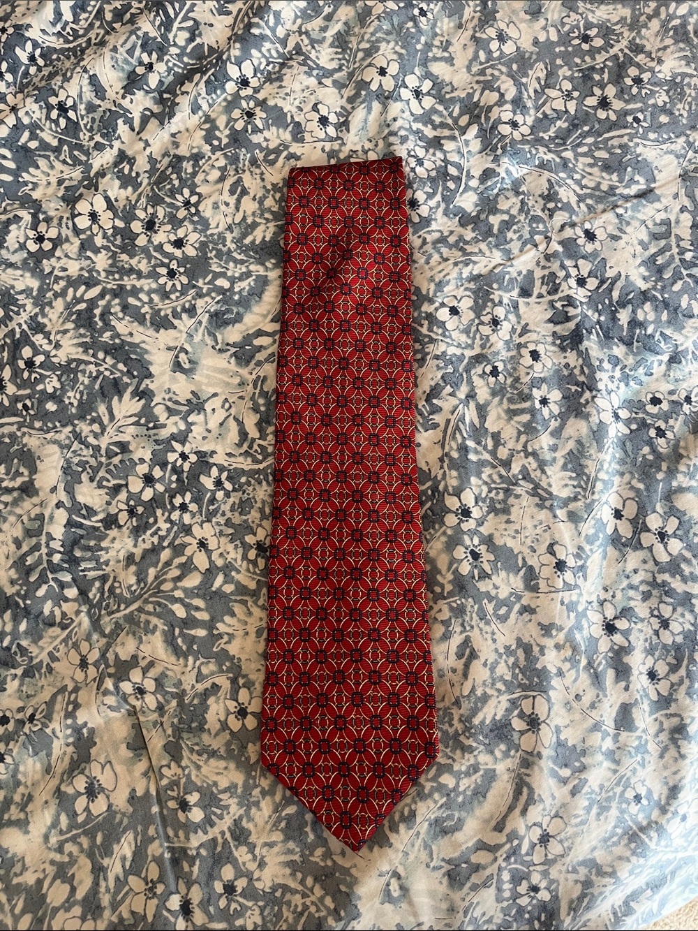 Barneys New York Red and Navy Geometric Silk Tie